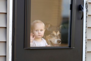 Baby and Pet Dog Waiting at Door Looking out Window