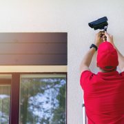 Professional technician installing home security camera, related to the topic of professional vs DIY security camera installation