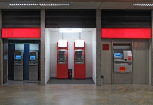 An image of banking ATM machines, suggesting a theme of bank security